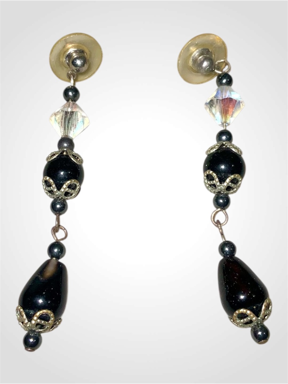Hand Crafted Black and Iridescent Crystal Drop Dangle Earrings